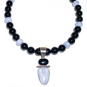 Jay King 925 Beaded Black Onyx and Blue Lace Agate Necklace with Pendant